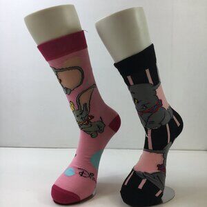 Disney Womens Dumbo Crew Socks 2-Pack Fun Elephant Design Pink Black Stripes